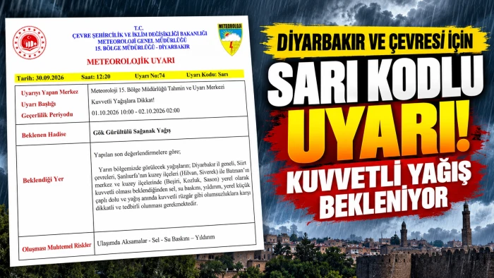 Diyarbakır ve &Ccedil;evresi İ&ccedil;in Sarı Kodlu Uyarı: Kuvvetli Yağış Bekleniyor
