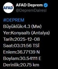 Antalya&rsquo;da 4.3 b&uuml;y&uuml;kl&uuml;ğ&uuml;nde deprem