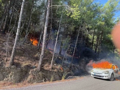 Araçtaki yangın ormana yaktı