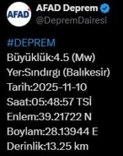 Balıkesir&rsquo;de 4.5 b&uuml;y&uuml;kl&uuml;ğ&uuml;nde deprem