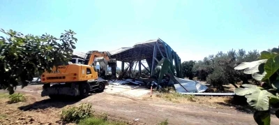 Zeytinliğe yapılan ka&ccedil;ak depo b&ouml;yle yıkıldı