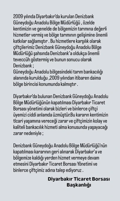 Diyarbakır Ticaret Borsası’ndan Denizbank’a Çağrı