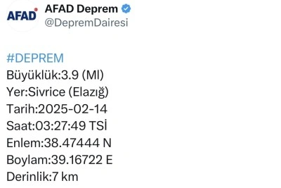 Elazığ’da 3.9 büyüklüğünde deprem
