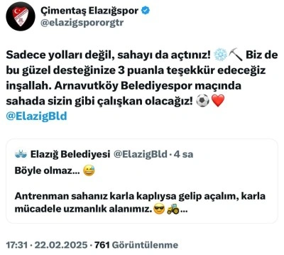 Elazığspor ve belediye arasındaki kar mizahı sosyal medyada ilgi gördü