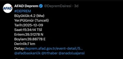 Tunceli&rsquo;de 4.2 b&uuml;y&uuml;kl&uuml;ğ&uuml;nde deprem